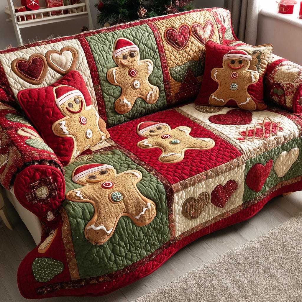 Gingerbread Men on Red and Green Sofa Cover