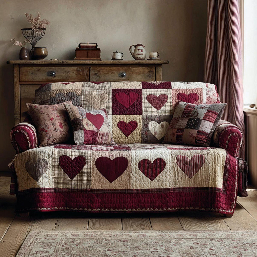 Hearts on Cream and Burgundy Squares Sofa Cover