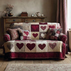 Hearts on Cream and Burgundy Squares Sofa Cover