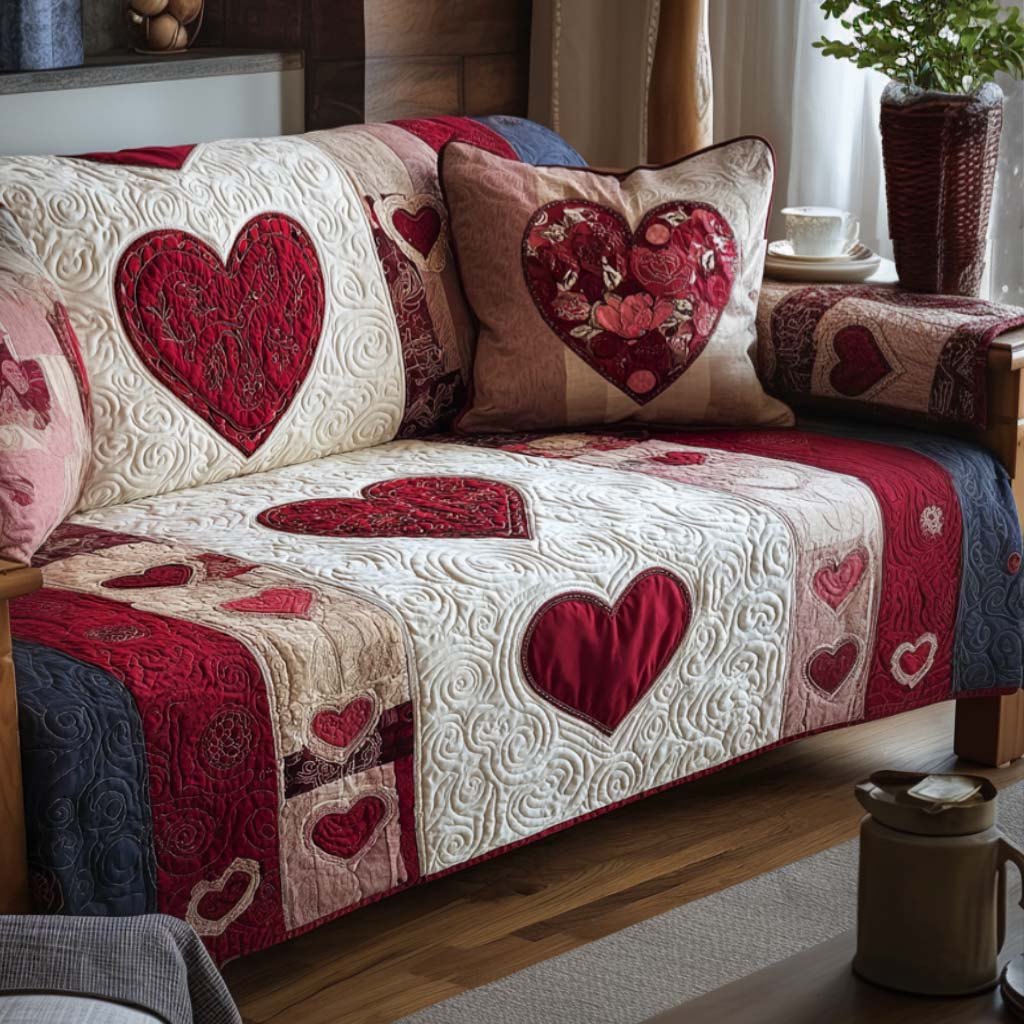 Red Hearts on Ivory Swirl Quilt Sofa Cover