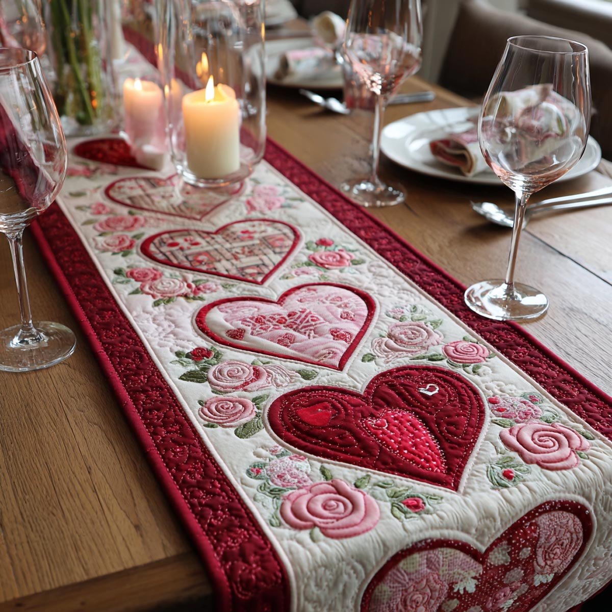 Pink Hearts on Cream and Red Table Runner