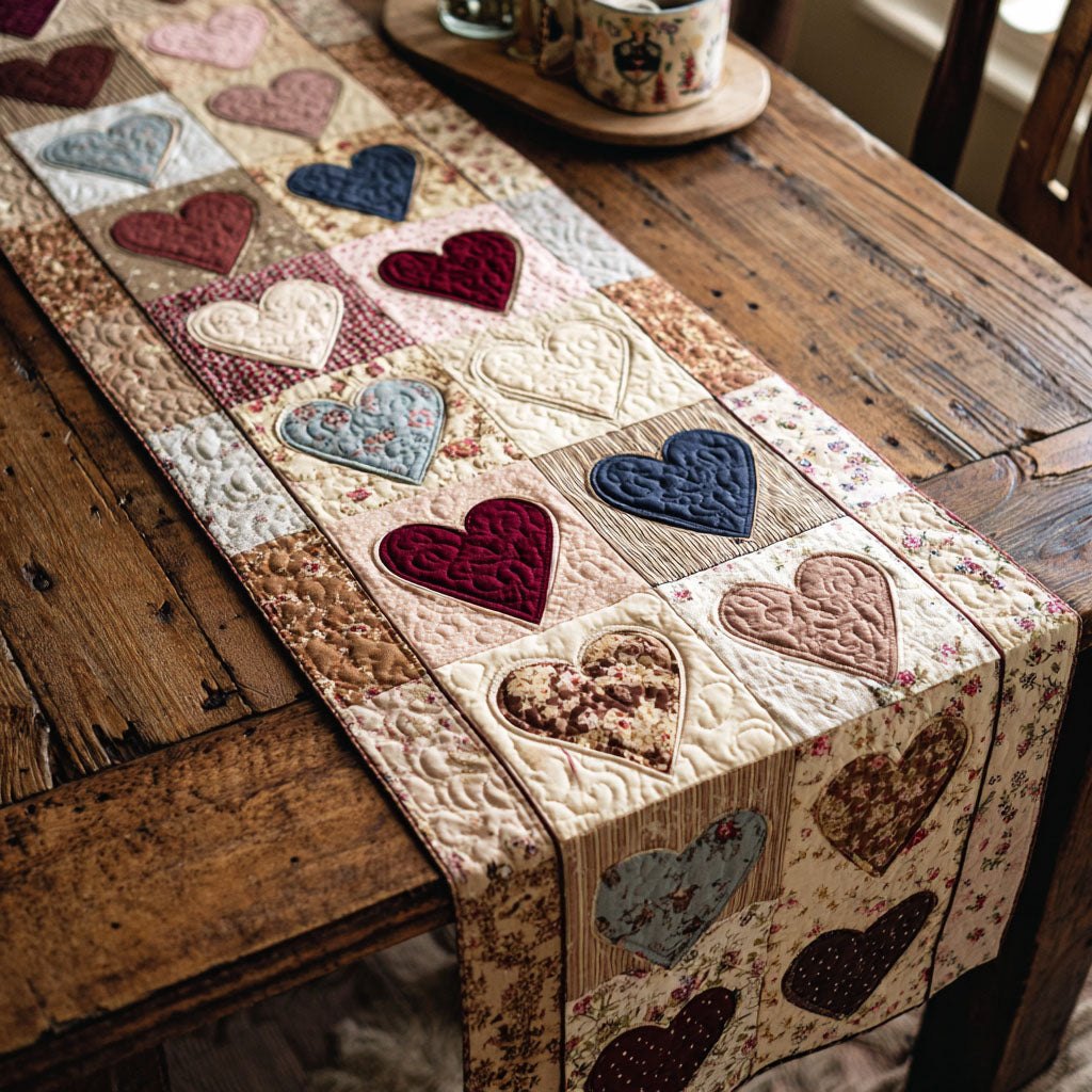 Beige Hearts on Ivory Blocks Table Runner