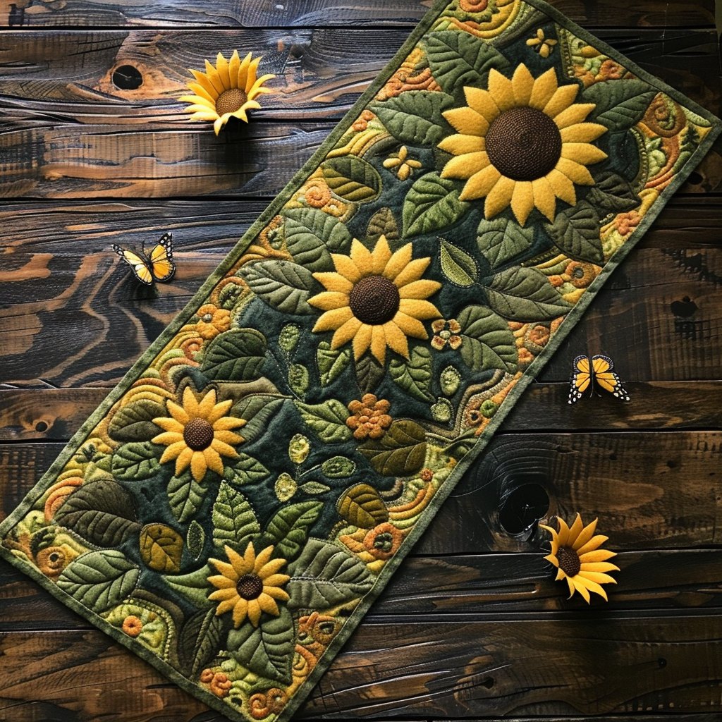 Sunflowers on Green Leaf Ground Table Runner
