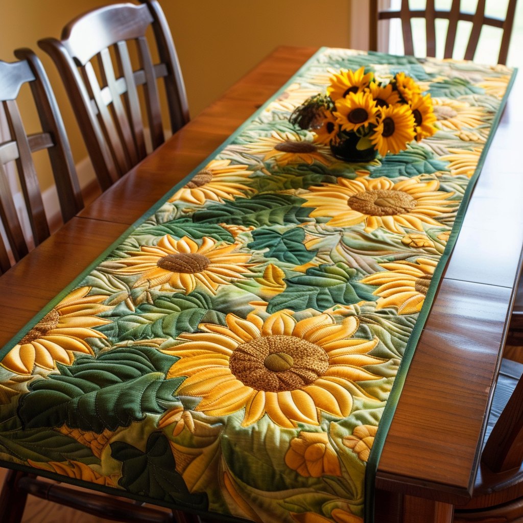 Pale Sunflowers on Green Field Table Runner