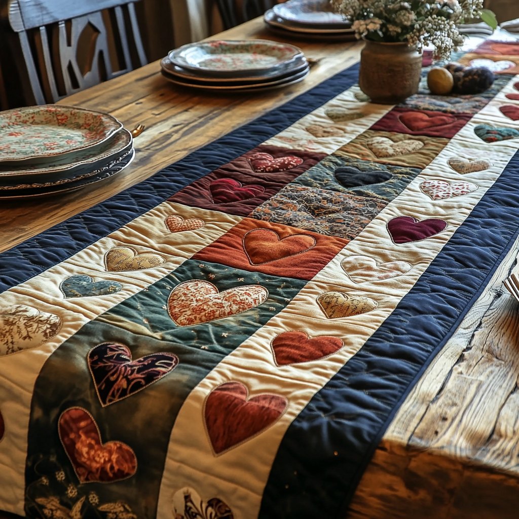 Hearts on Blue Striped Panel Table Runner