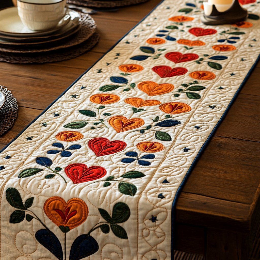 Orange Hearts with Leaves on Cream Table Runner