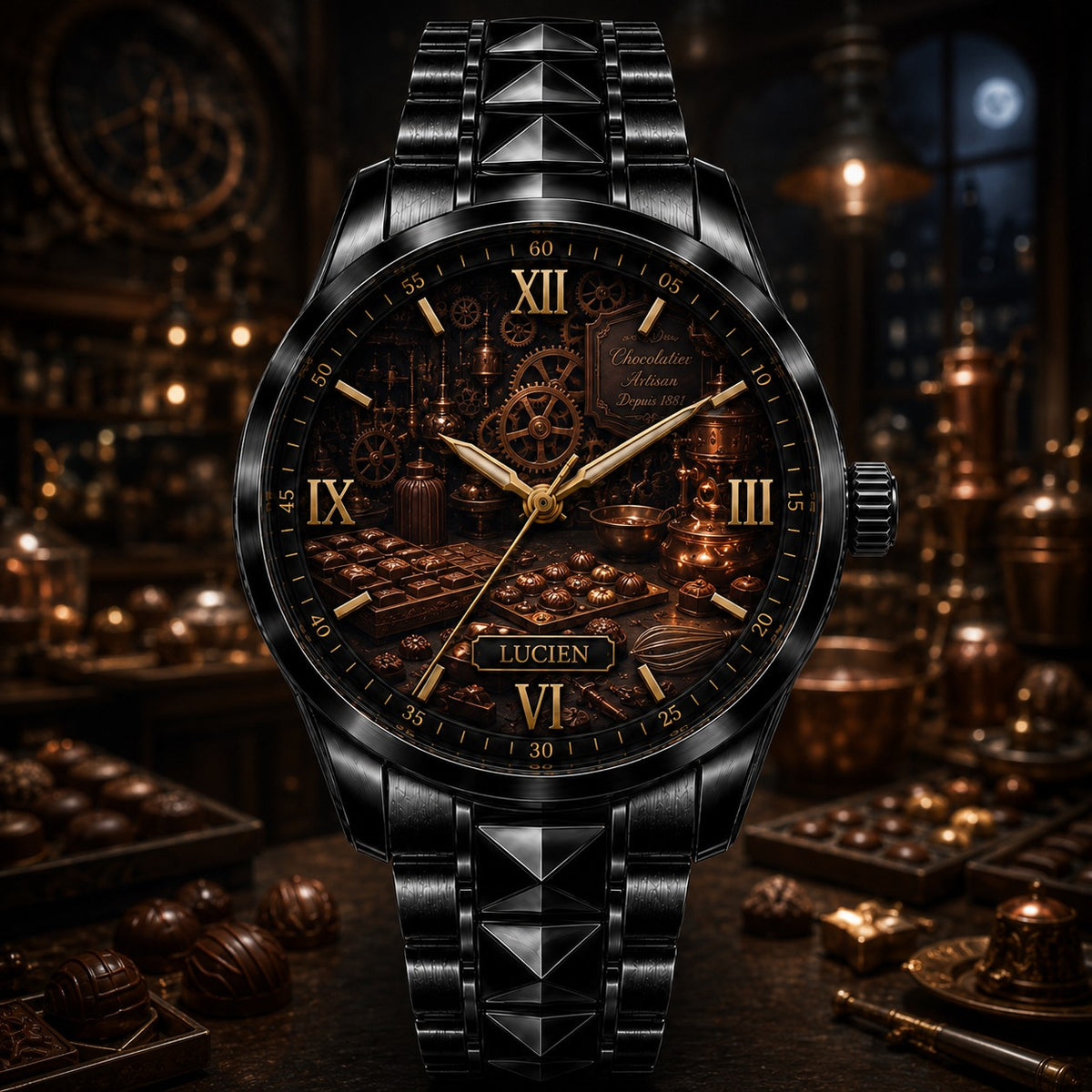 Custom Steampunk Chocolate Workshop Watch — personalized with a custom name