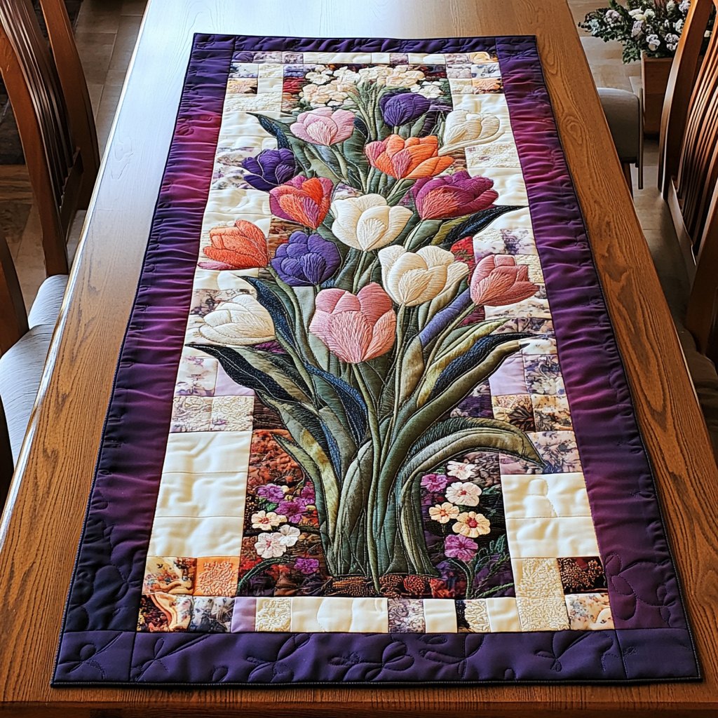 Tulips in a Vase on Cream Table Runner