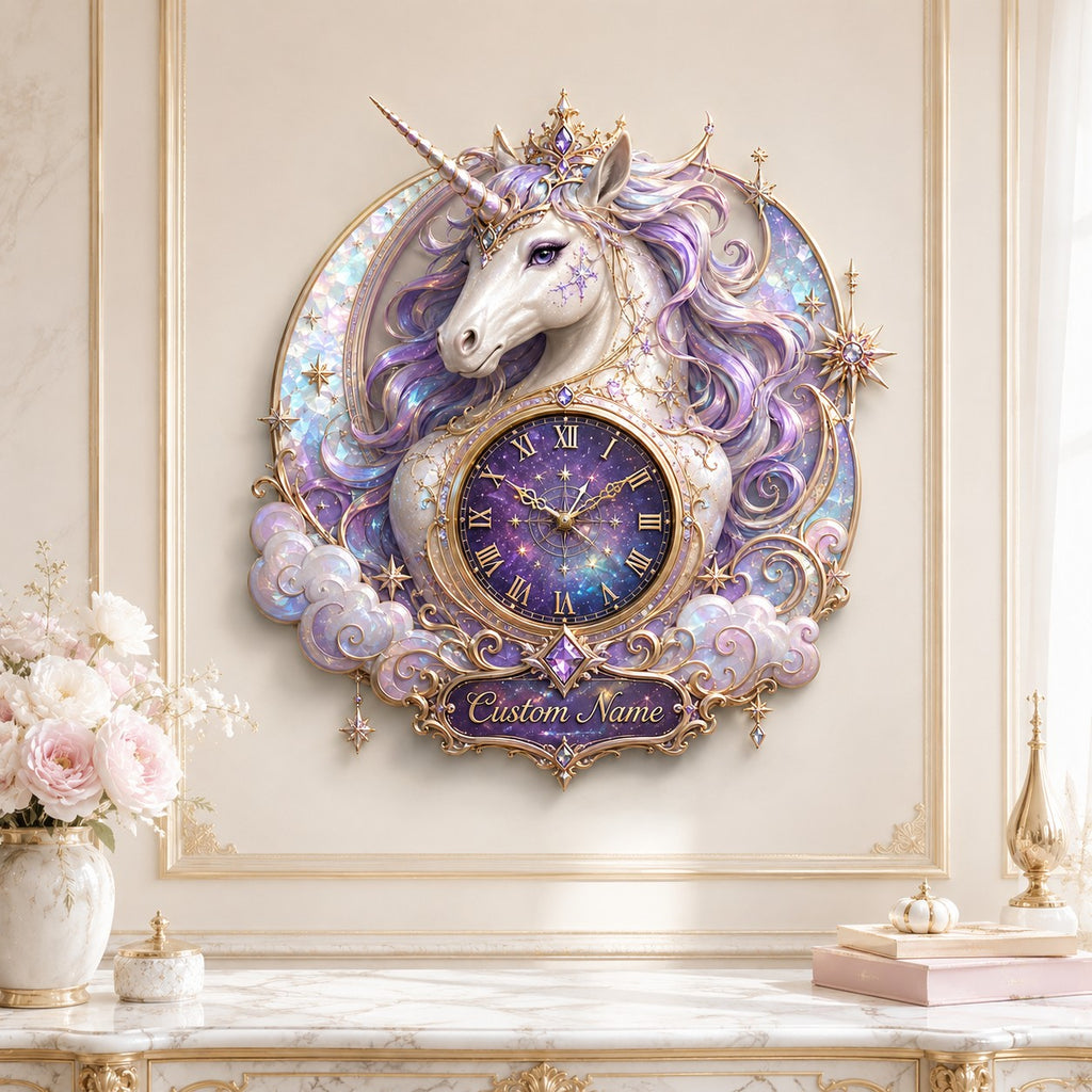 Personalized lavender unicorn wall clock — personalized with a custom name