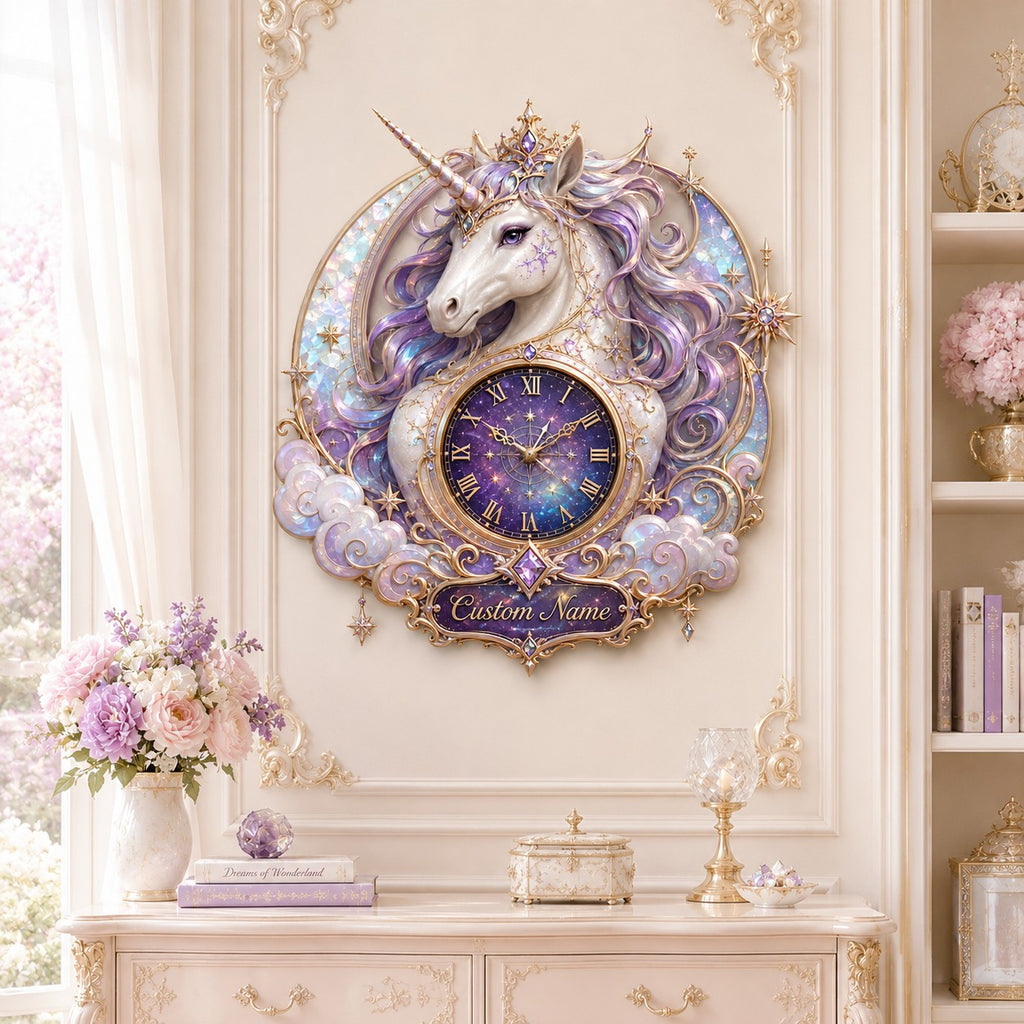 Personalized lavender unicorn wall clock — personalized with a custom name