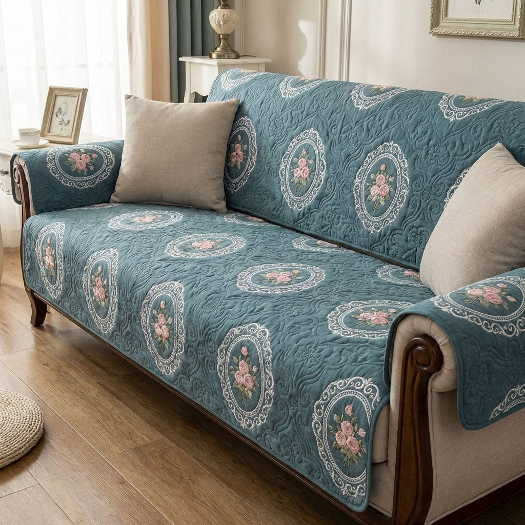 Teal Floral Medallion Sofa Cover