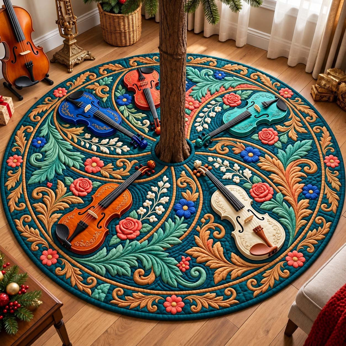 Teal Floral Melody Christmas Tree Skirt