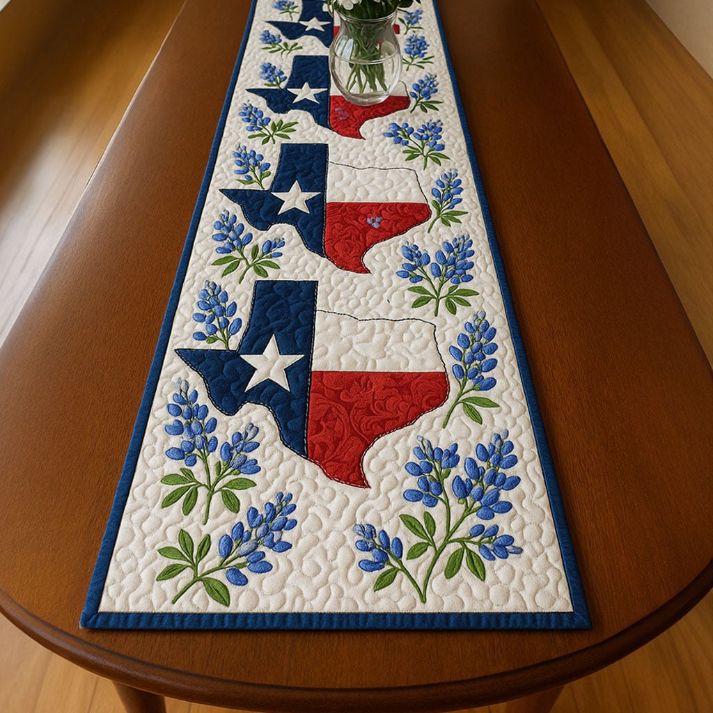 Texas Map with Bluebonnet Blooms Table Runner