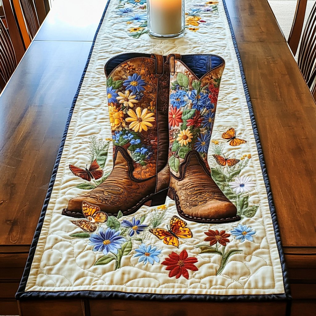 Cowboy Boots with Wildflowers Table Runner
