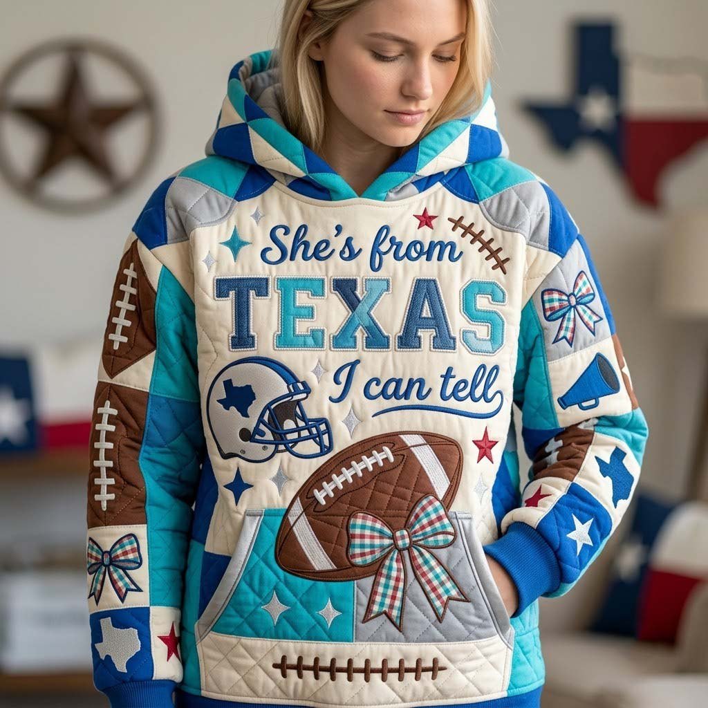 Shes From Texas with Blue Footballs hoodie, all-over print