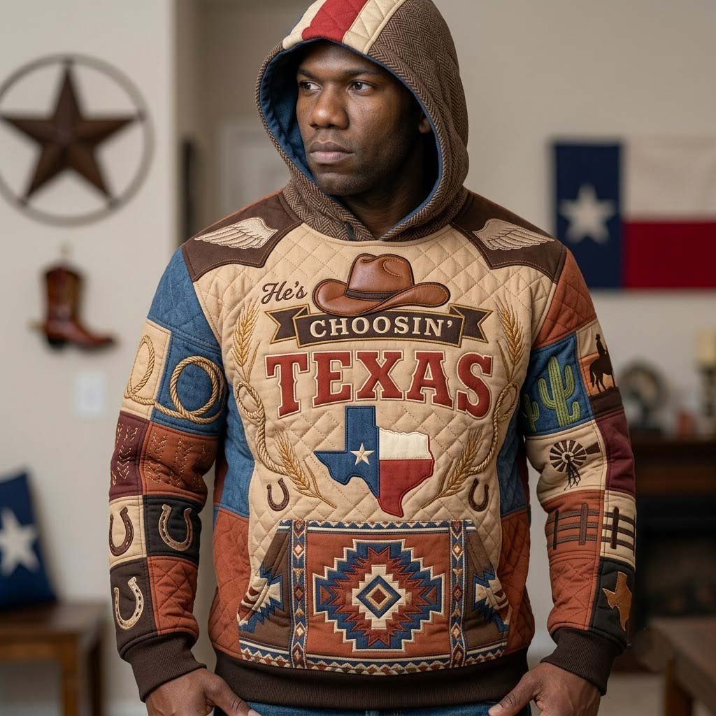 Hes Choosin Texas with a Cowboy Hat hoodie, all-over print