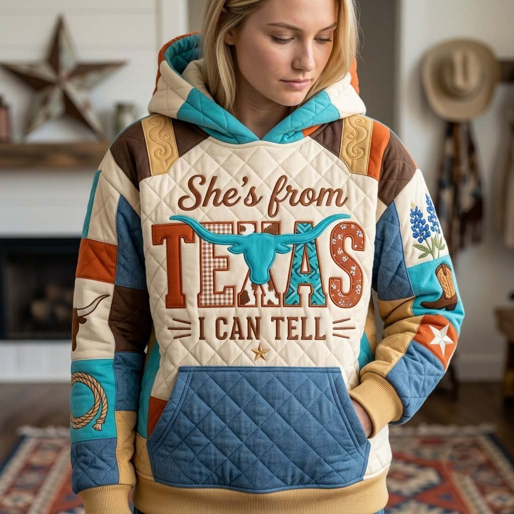 Shes From Texas in Teal with Bluebonnets hoodie, all-over print