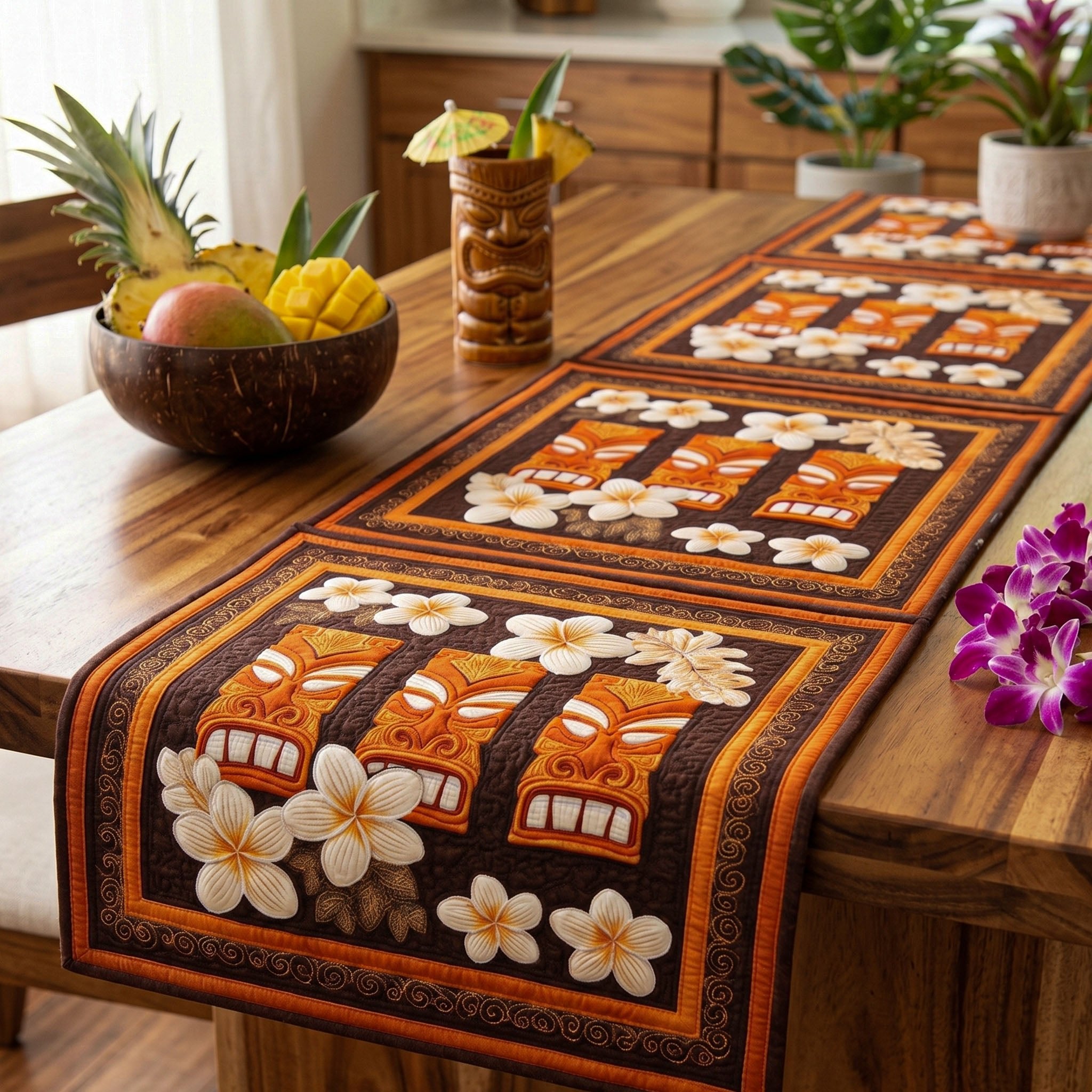 Tiki Blocks with White Plumeria Table Runner