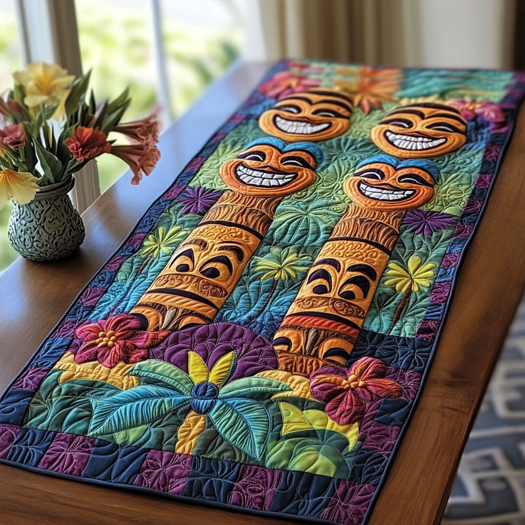 Colorful Tiki Totems on Green Table Runner
