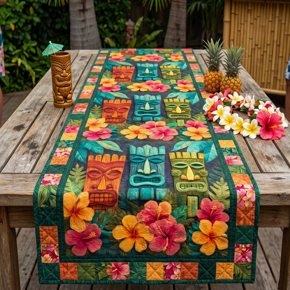 Tiki Blocks with Pink Hibiscus Table Runner