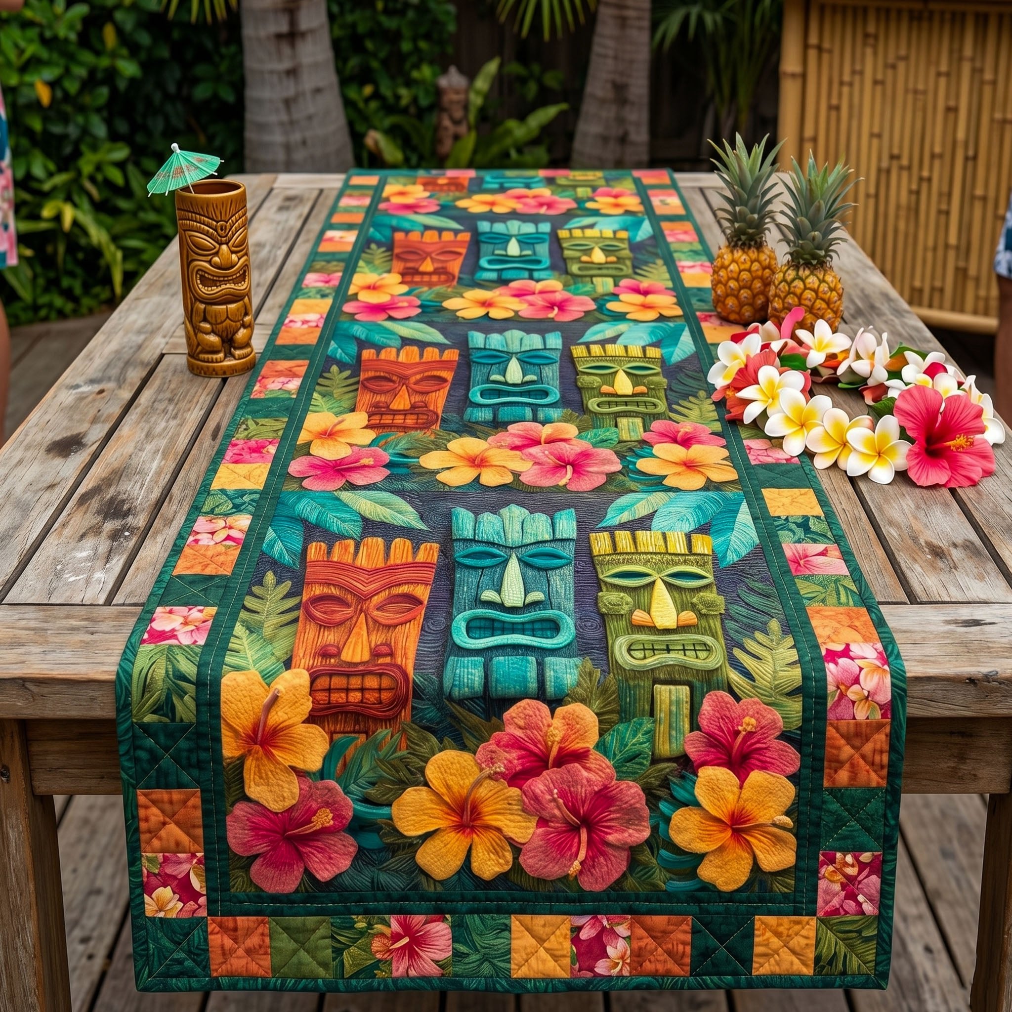 Tiki Blocks with Pink Hibiscus Table Runner