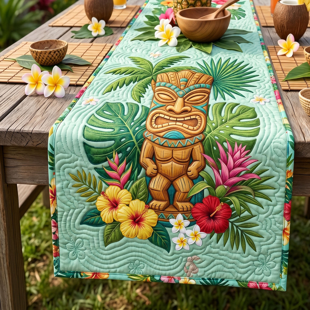 Tiki with Tropical Flowers on Green Table Runner