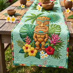 Tiki with Tropical Flowers on Green Table Runner
