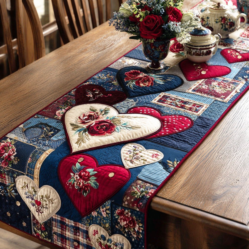 Heart Patchwork with Flowers Table Runner