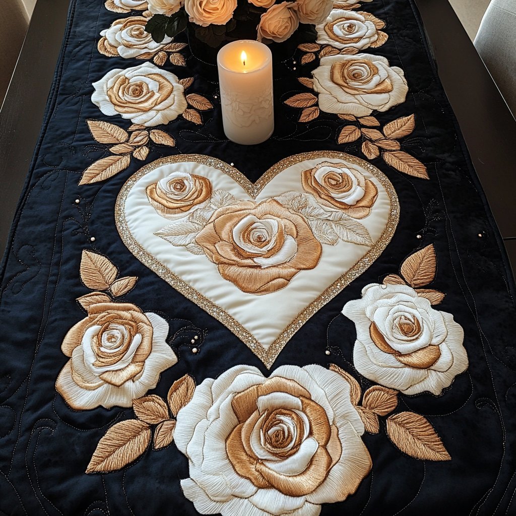 Cream Heart with Roses on Black Table Runner