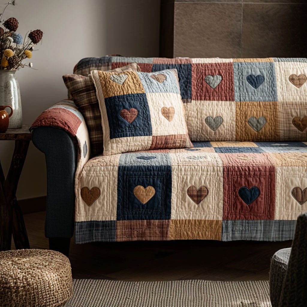 Hearts on Cream Navy and Red Sofa Cover