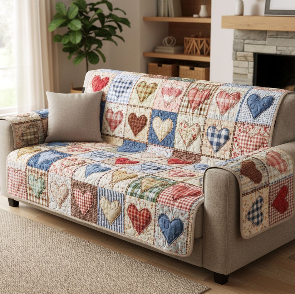 Hearts on Pastel Patchwork Squares Sofa Cover