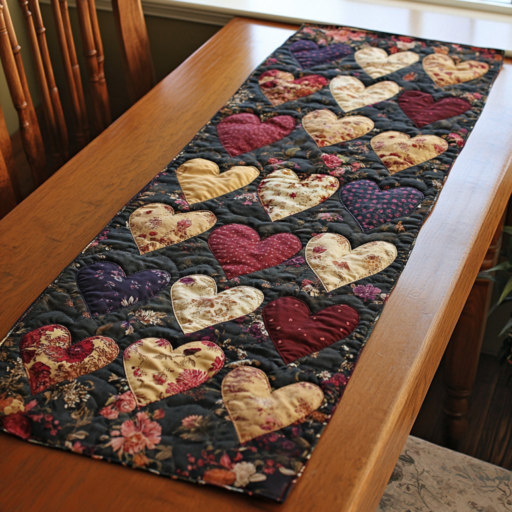 Hearts on Dark Floral Ground Table Runner