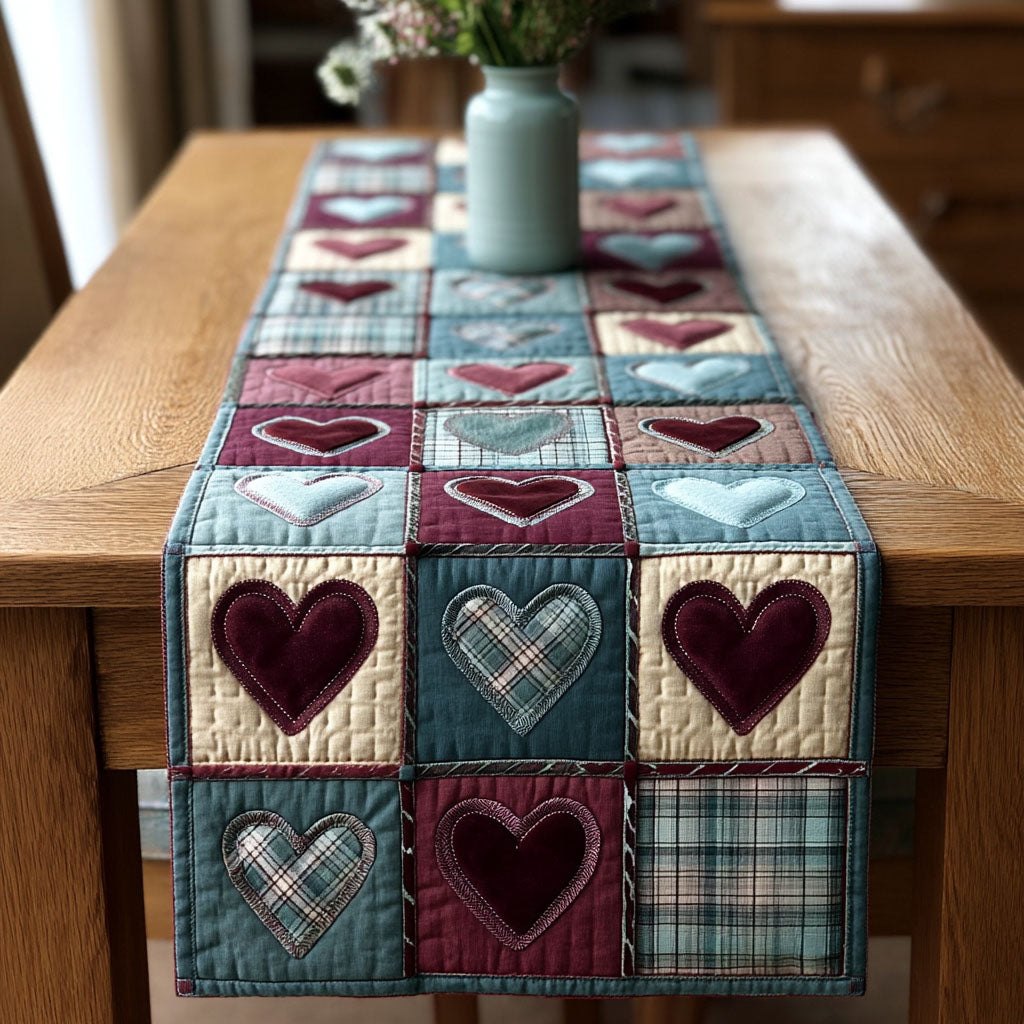 Heart Blocks in Teal and Burgundy Table Runner