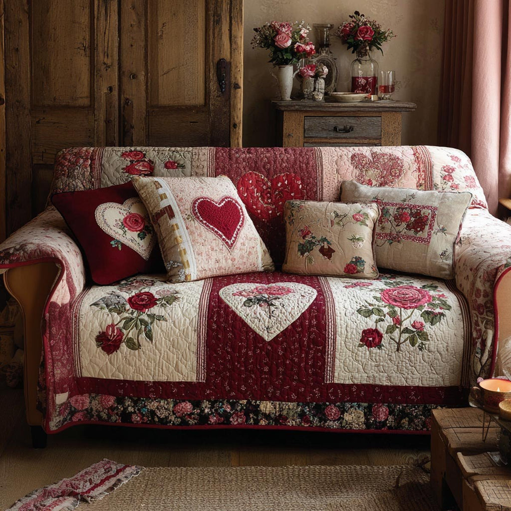 Hearts and Roses on Red and Cream Sofa Cover