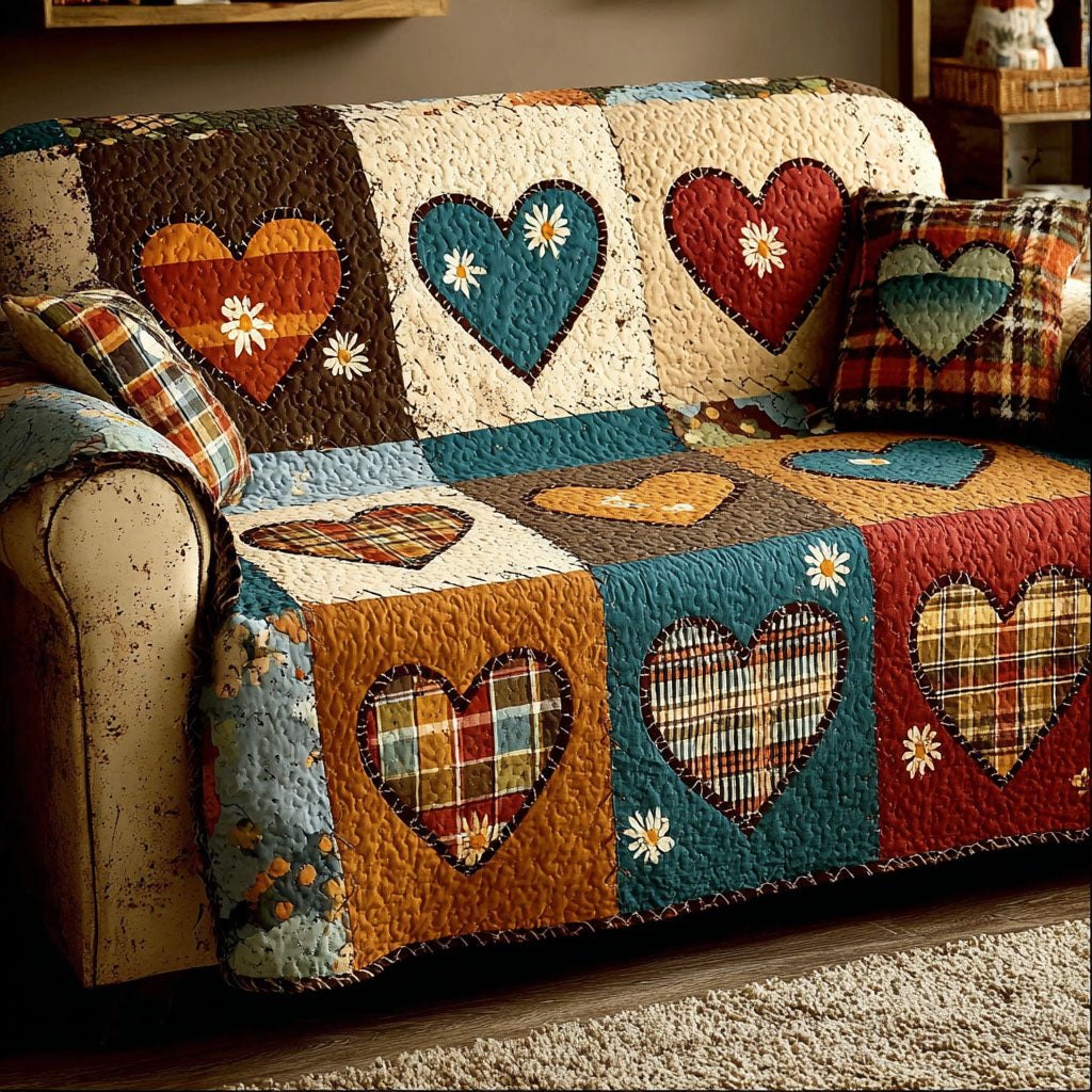 Hearts on Teal and Orange Patches Sofa Cover