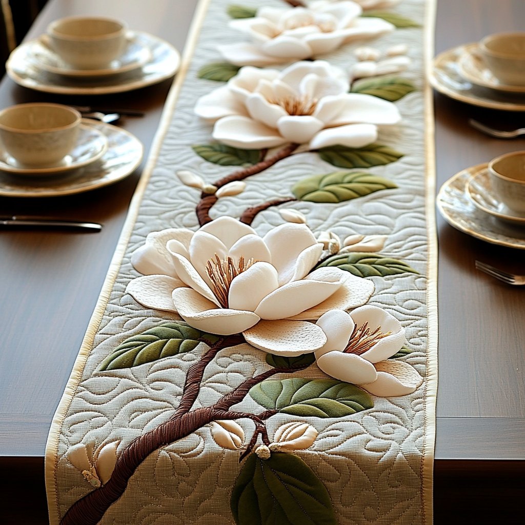 White Magnolia on Cream Ground Table Runner