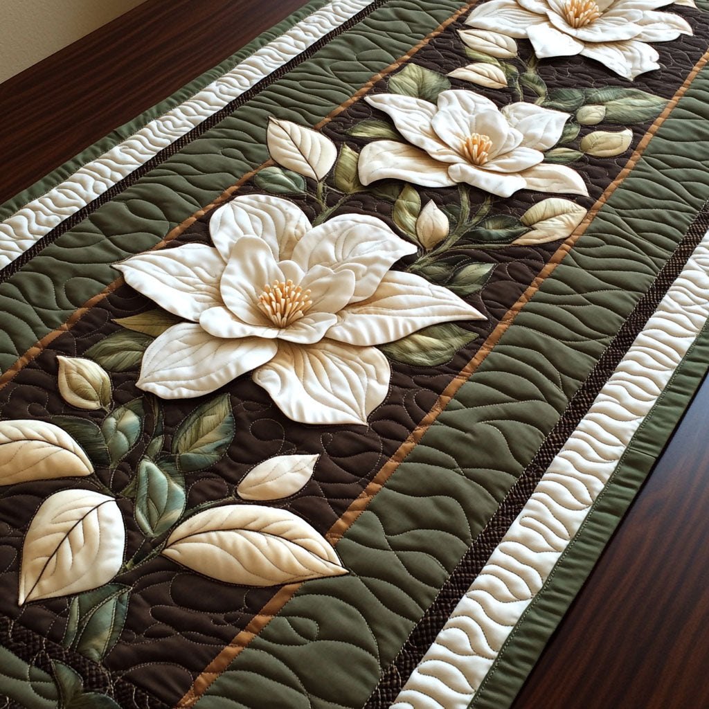 White Magnolia on Deep Green Table Runner