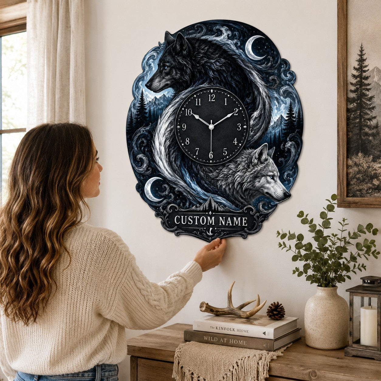 Twin wolf Custom Name Wall Clock — personalized with a custom name