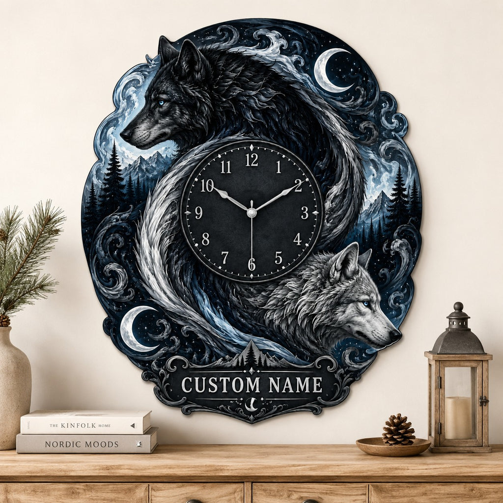 Twin wolf Custom Name Wall Clock — personalized with a custom name