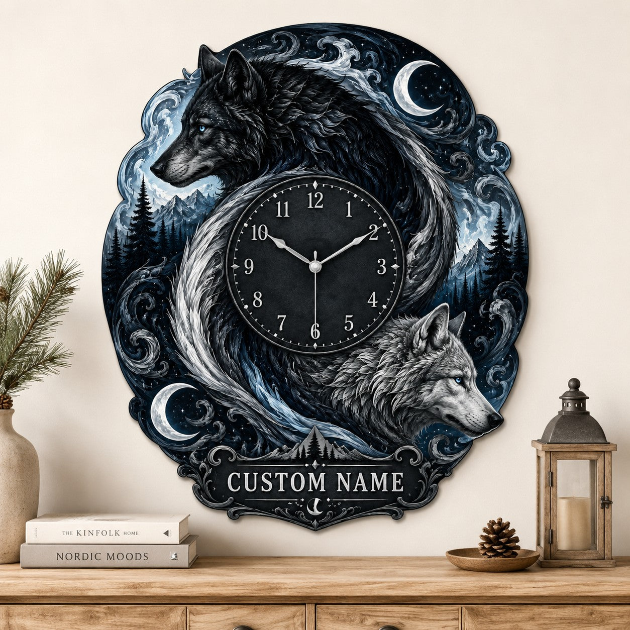 Twin wolf Custom Name Wall Clock — personalized with a custom name
