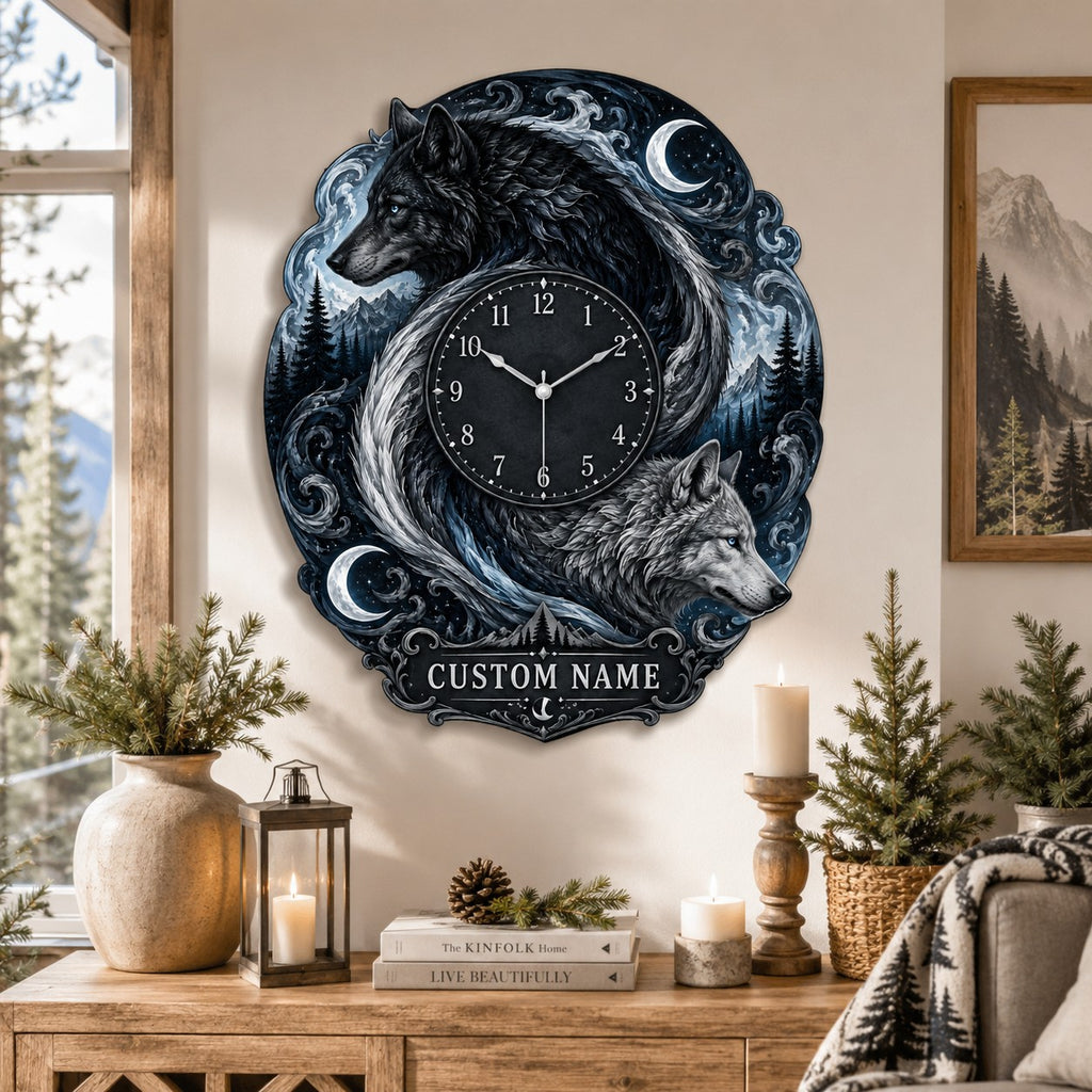 Twin wolf Custom Name Wall Clock — personalized with a custom name