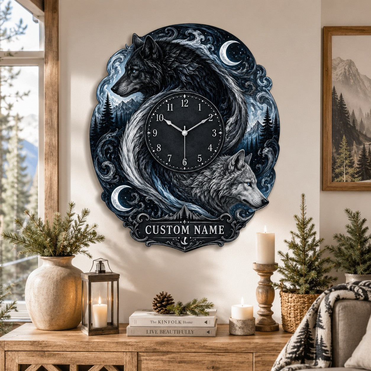Twin wolf Custom Name Wall Clock — personalized with a custom name