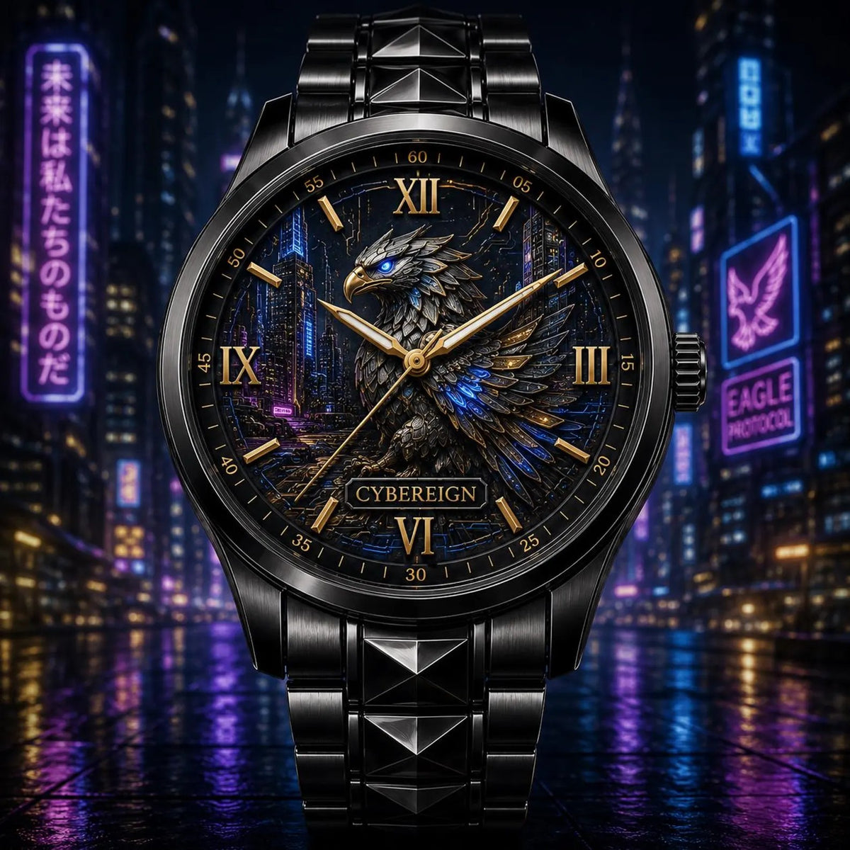 Personalized Cyber Eagle Watch with a custom name set into the design