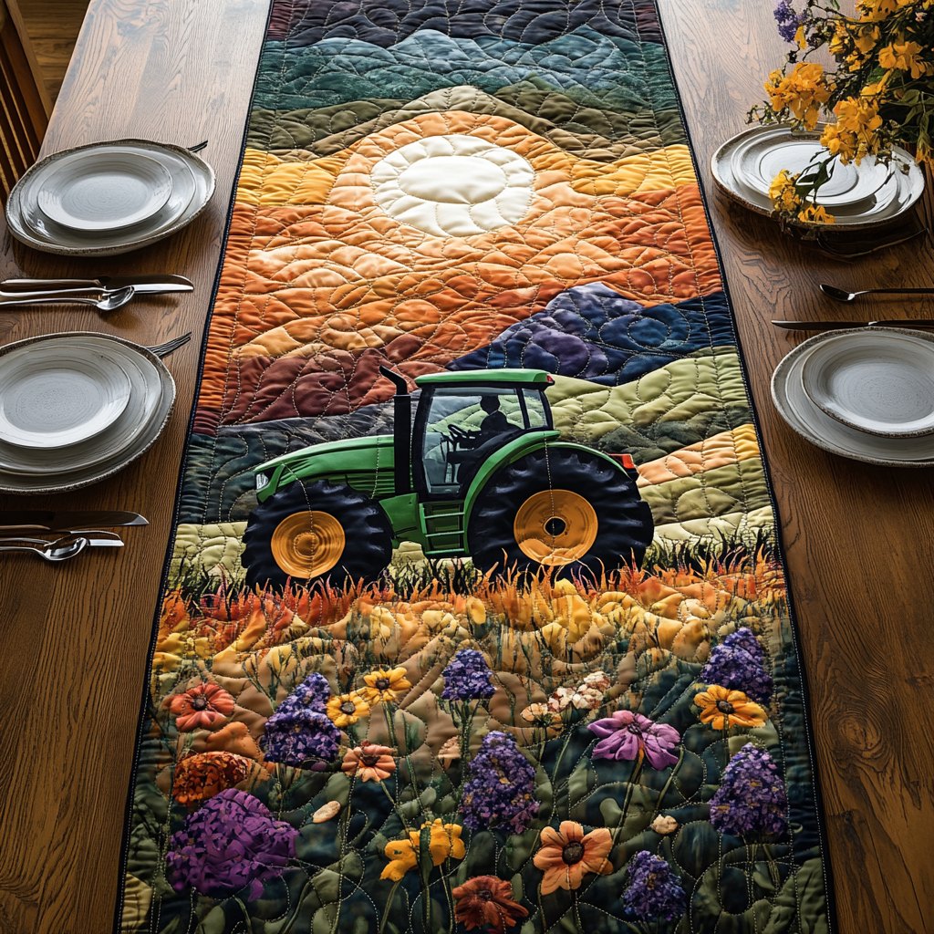 Green Tractor in Golden Field Table Runner