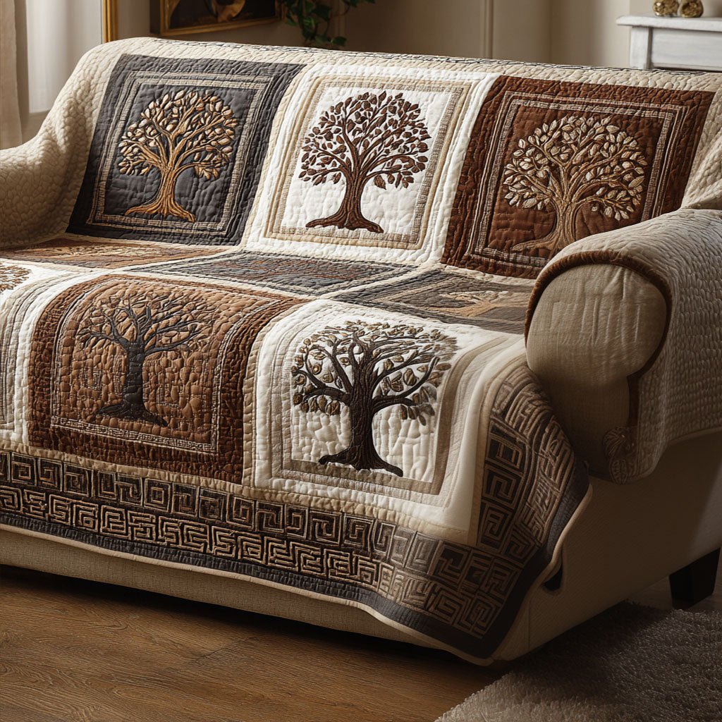 Tree on Brown and Cream Squares Sofa Cover
