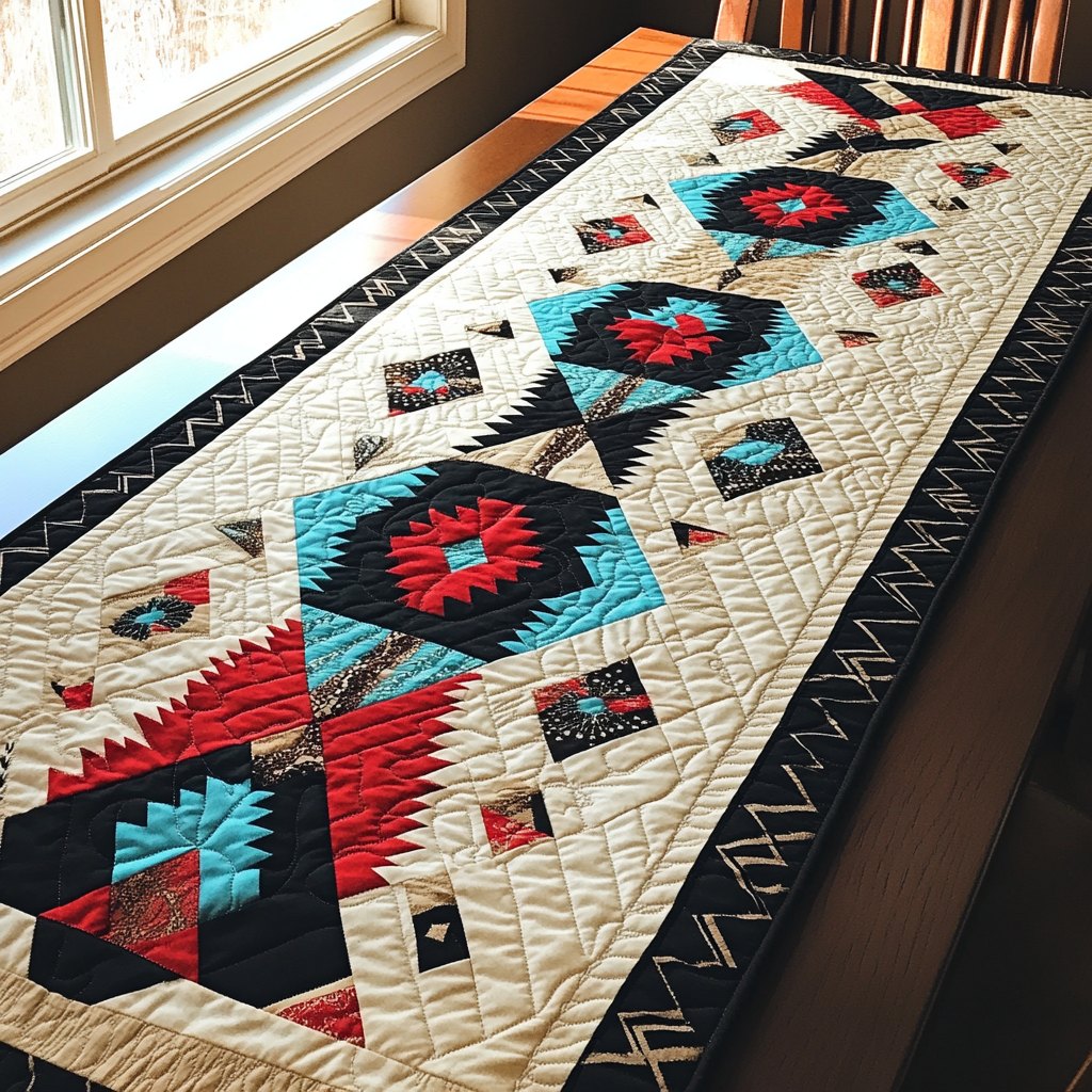 Southwest Blocks in Teal and Red Table Runner