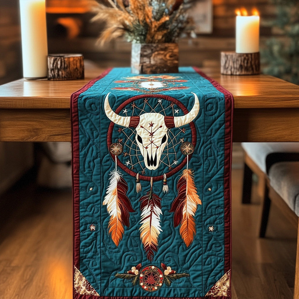 Steer Skull with Dreamcatcher on Teal Table Runner
