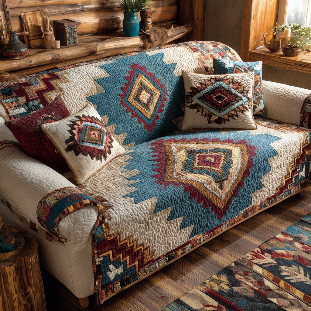 Southwest Diamonds on Blue and Cream Sofa Cover