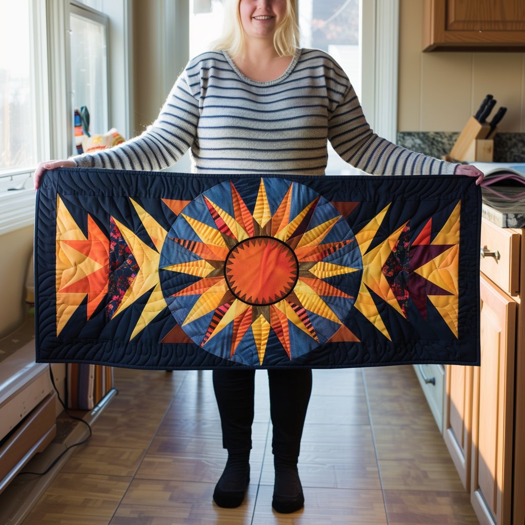 Orange Sunburst Star on Navy Table Runner