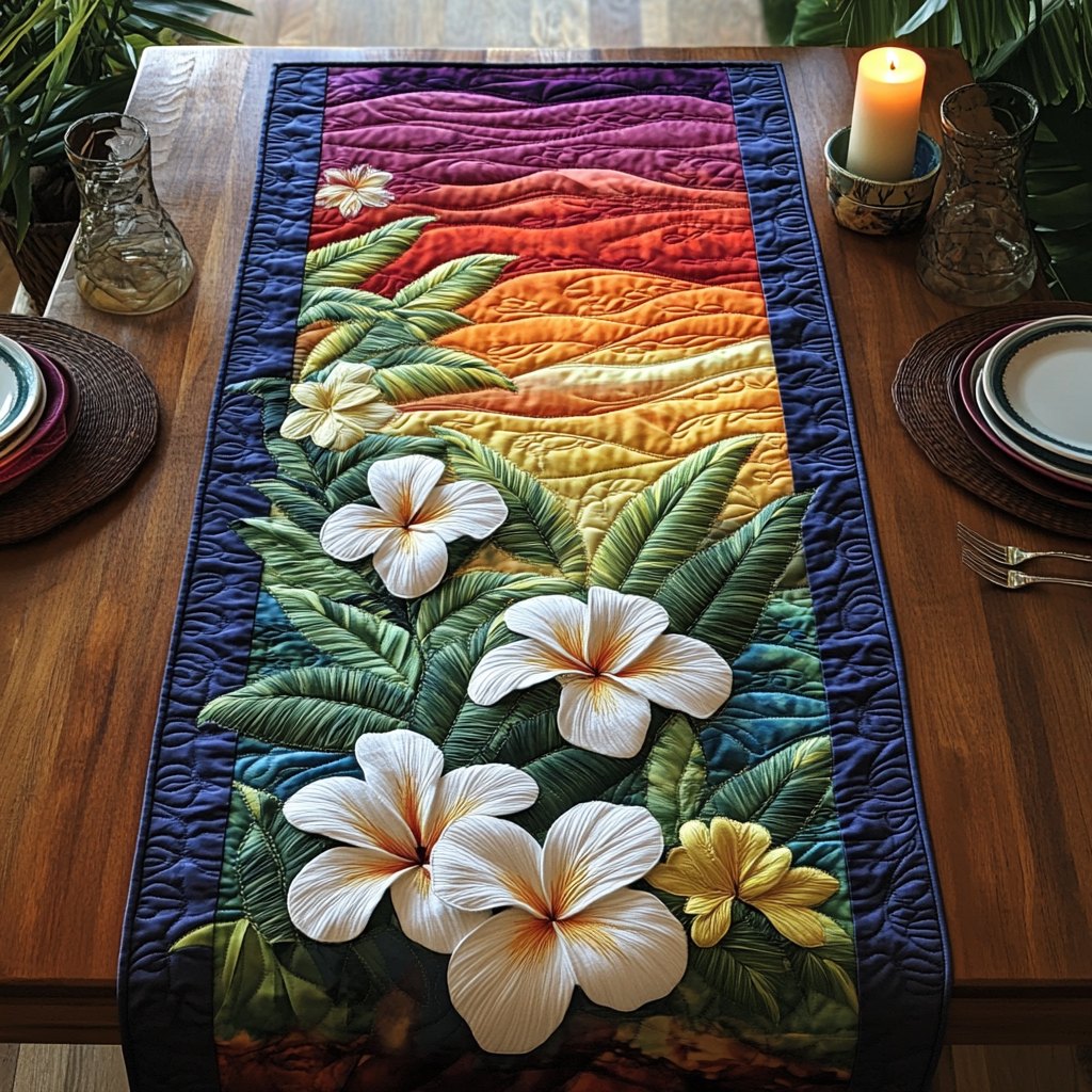 White Plumeria on Green Leaves Table Runner